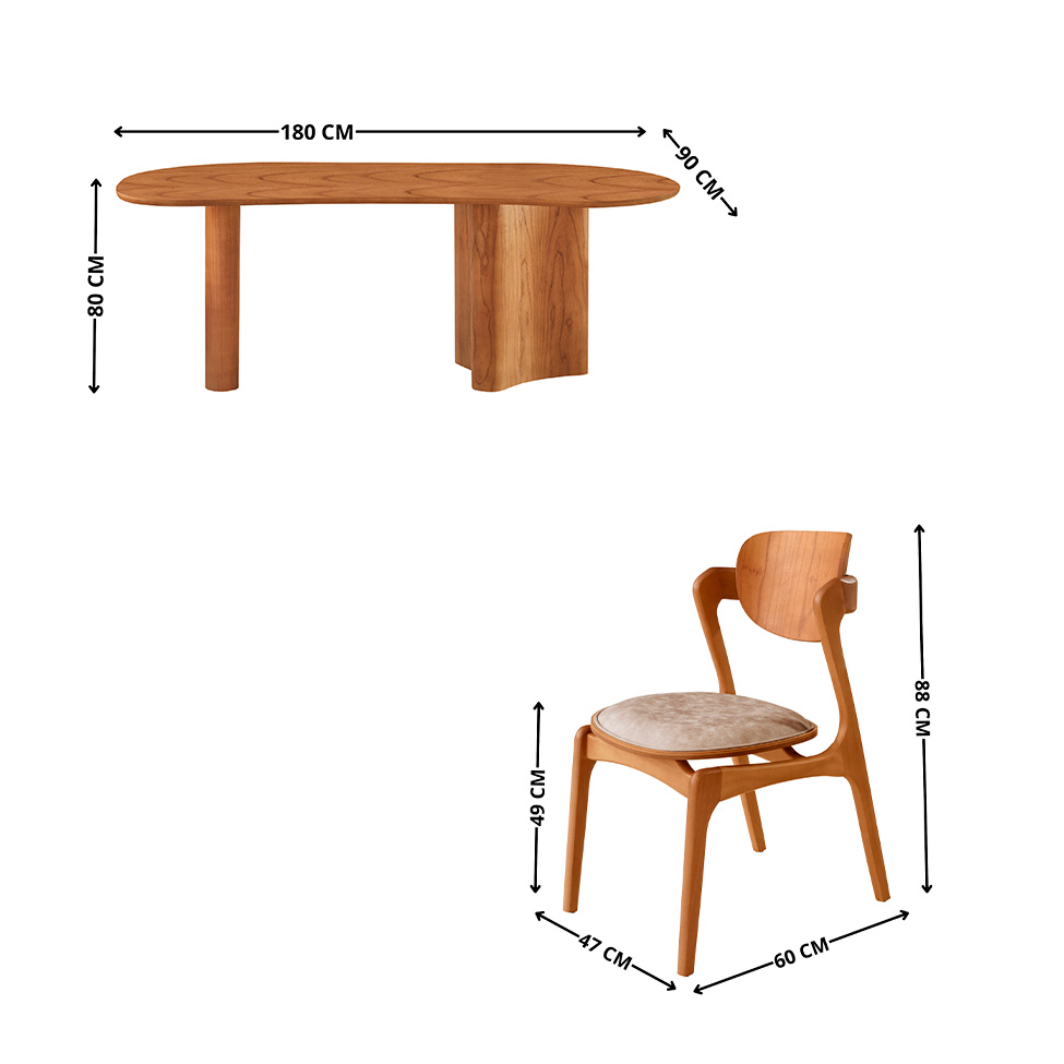 Mesa de Jantar Orgânica Savana com Tampo Laminado e 6 Cadeiras Savana Gold Corino Milano e Imbuia Natural