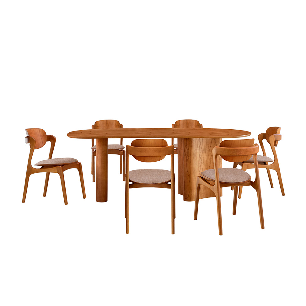 Mesa de Jantar Orgânica Savana com Tampo Laminado e 6 Cadeiras Savana Gold Linho Bege e Imbuia Natural