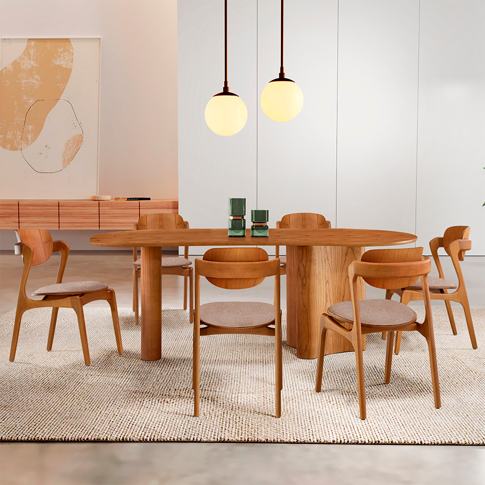 Mesa de Jantar Orgânica Savana com Tampo Laminado e 6 Cadeiras Savana Gold Linho Bege e Imbuia Natural