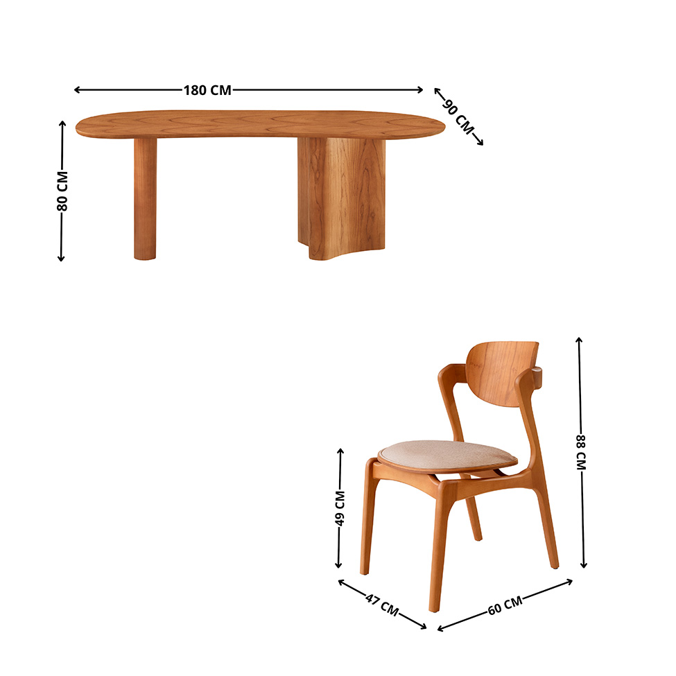 Mesa de Jantar Orgânica Savana com Tampo Laminado e 6 Cadeiras Savana Gold Linho Bege e Imbuia Natural