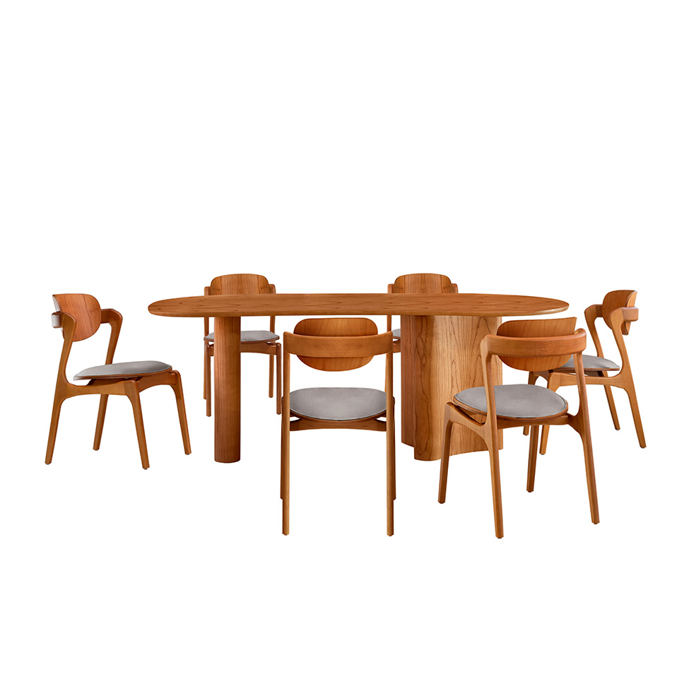 Mesa de Jantar Orgânica Savana com Tampo Laminado e 6 Cadeiras Savana Gold Linho Cinza Claro e Imbuia Natural