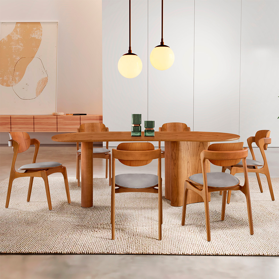 Mesa de Jantar Orgânica Savana com Tampo Laminado e 6 Cadeiras Savana Gold Linho Cinza Claro e Imbuia Natural