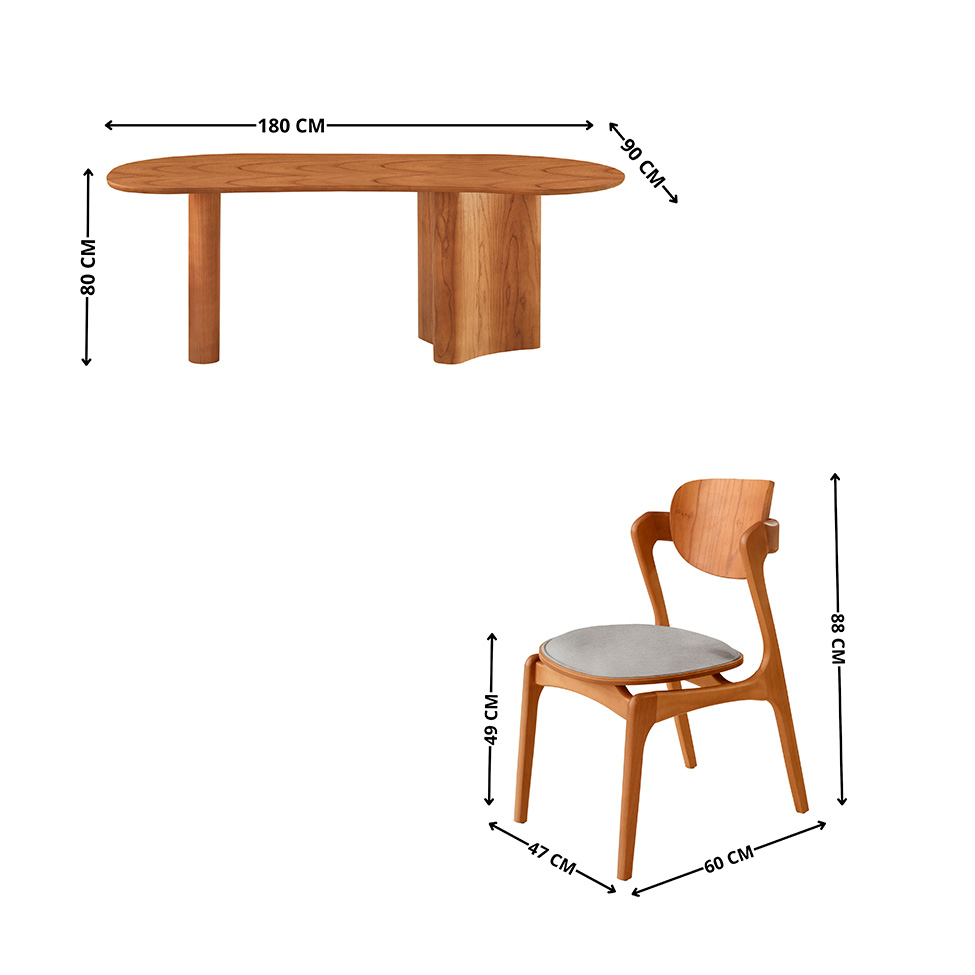 Mesa de Jantar Orgânica Savana com Tampo Laminado e 6 Cadeiras Savana Gold Linho Cinza Claro e Imbuia Natural