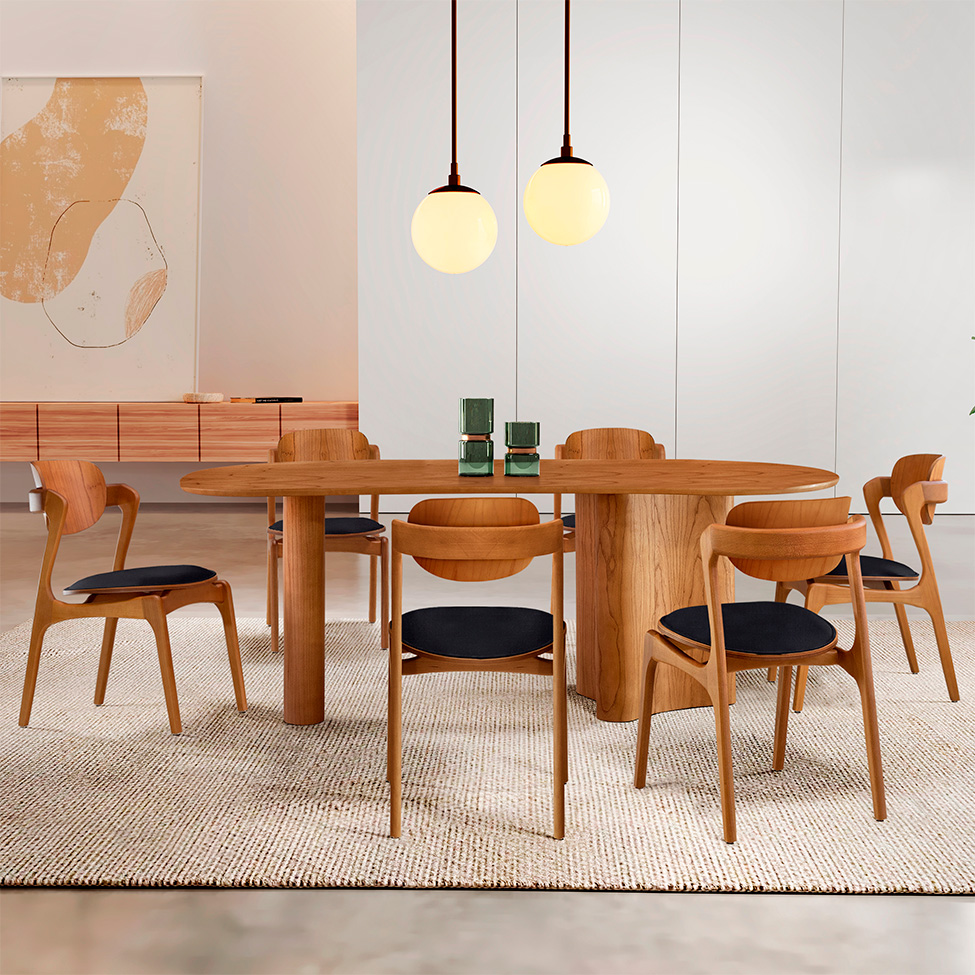 Mesa de Jantar Orgânica Savana com Tampo Laminado e 6 Cadeiras Savana Gold Linho Preto e Imbuia Natural