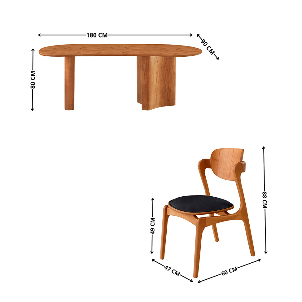 Mesa de Jantar Orgânica Savana com Tampo Laminado e 6 Cadeiras Savana Gold Linho Preto e Imbuia Natural