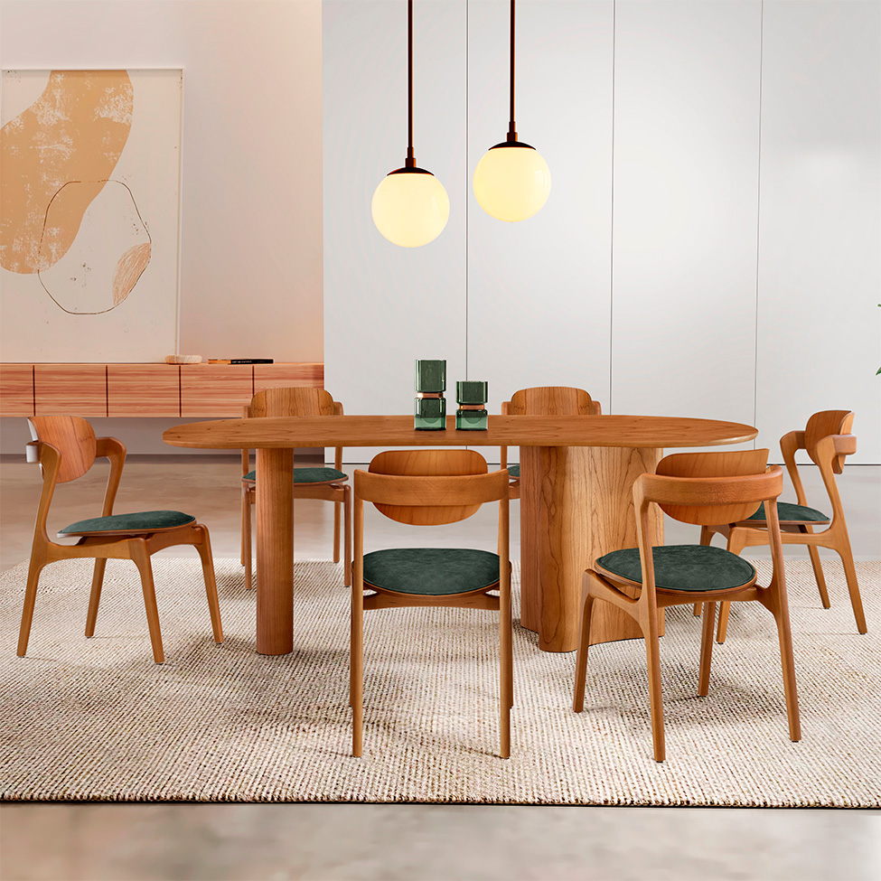 Mesa de Jantar Orgânica Savana com Tampo Laminado e 6 Cadeiras Savana Gold Veludo Jade e Imbuia Natural