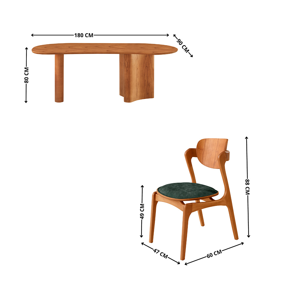 Mesa de Jantar Orgânica Savana com Tampo Laminado e 6 Cadeiras Savana Gold Veludo Jade e Imbuia Natural