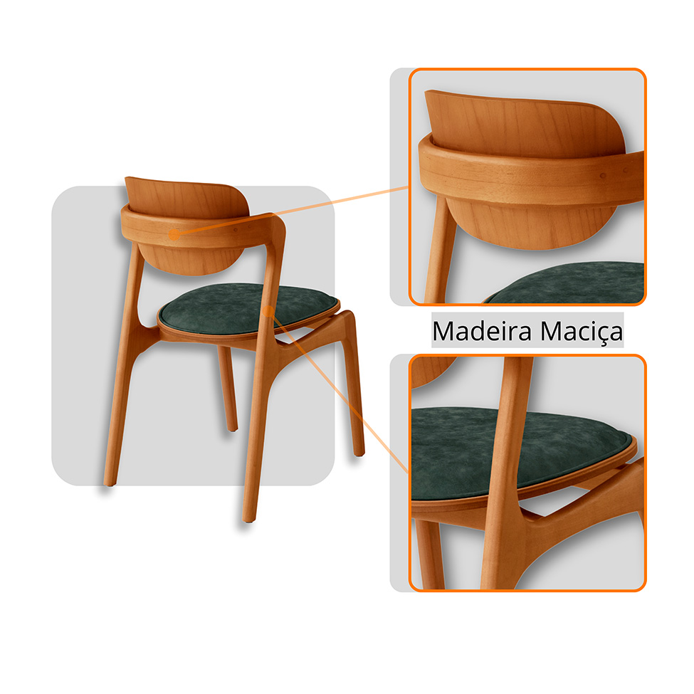 Mesa de Jantar Orgânica Savana com Tampo Laminado e 6 Cadeiras Savana Gold Veludo Jade e Imbuia Natural