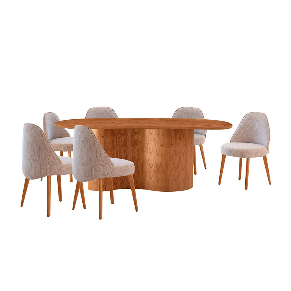 Mesa de Jantar Orgânica com Tampo Laminado e 6 Cadeiras Floripa Linho Bege e Imbuia Natural