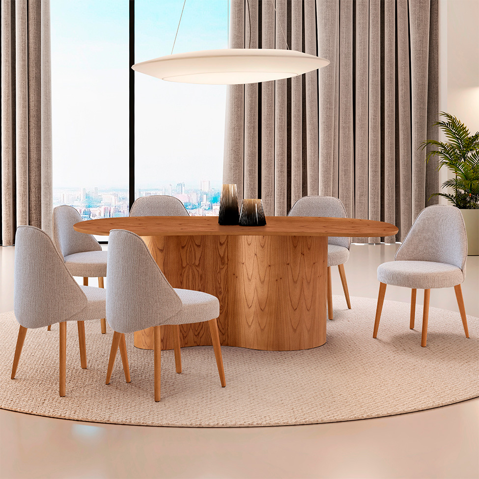 Mesa de Jantar Orgânica com Tampo Laminado e 6 Cadeiras Floripa Linho Bege e Imbuia Natural