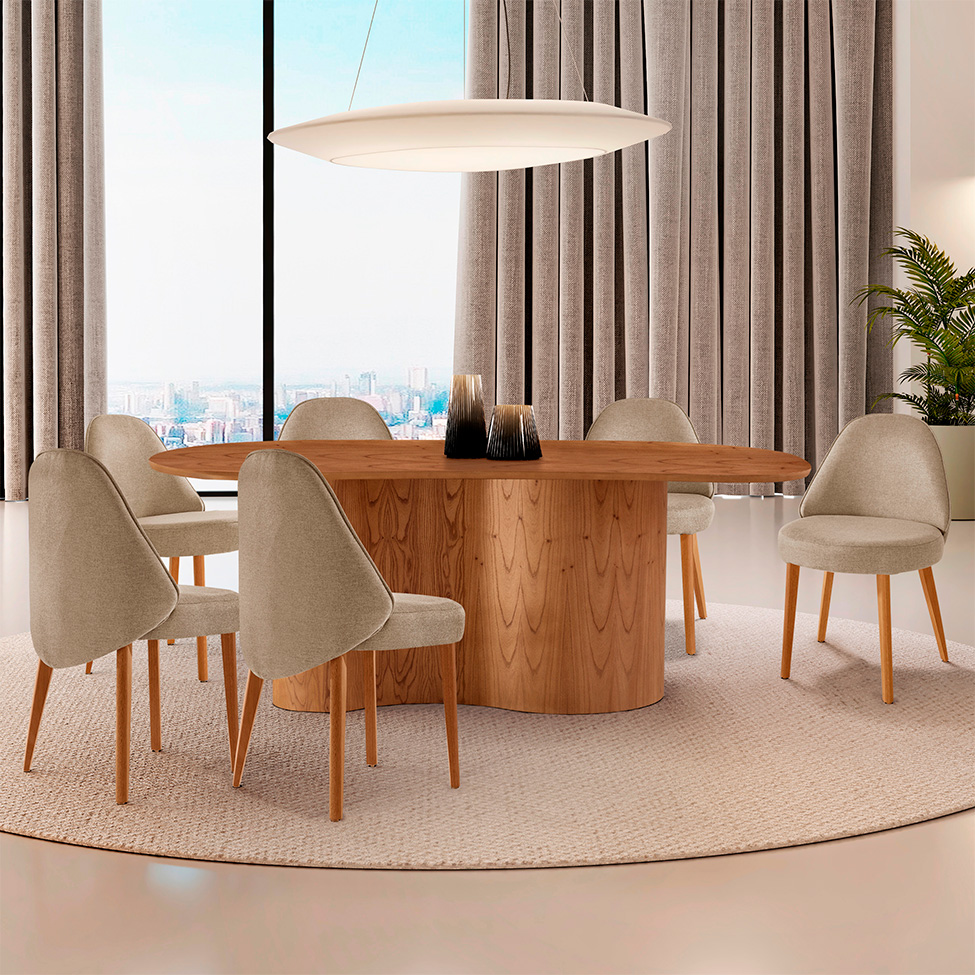 Mesa de Jantar Orgânica com Tampo Laminado e 6 Cadeiras Floripa Linho Âmbar e Imbuia Natural