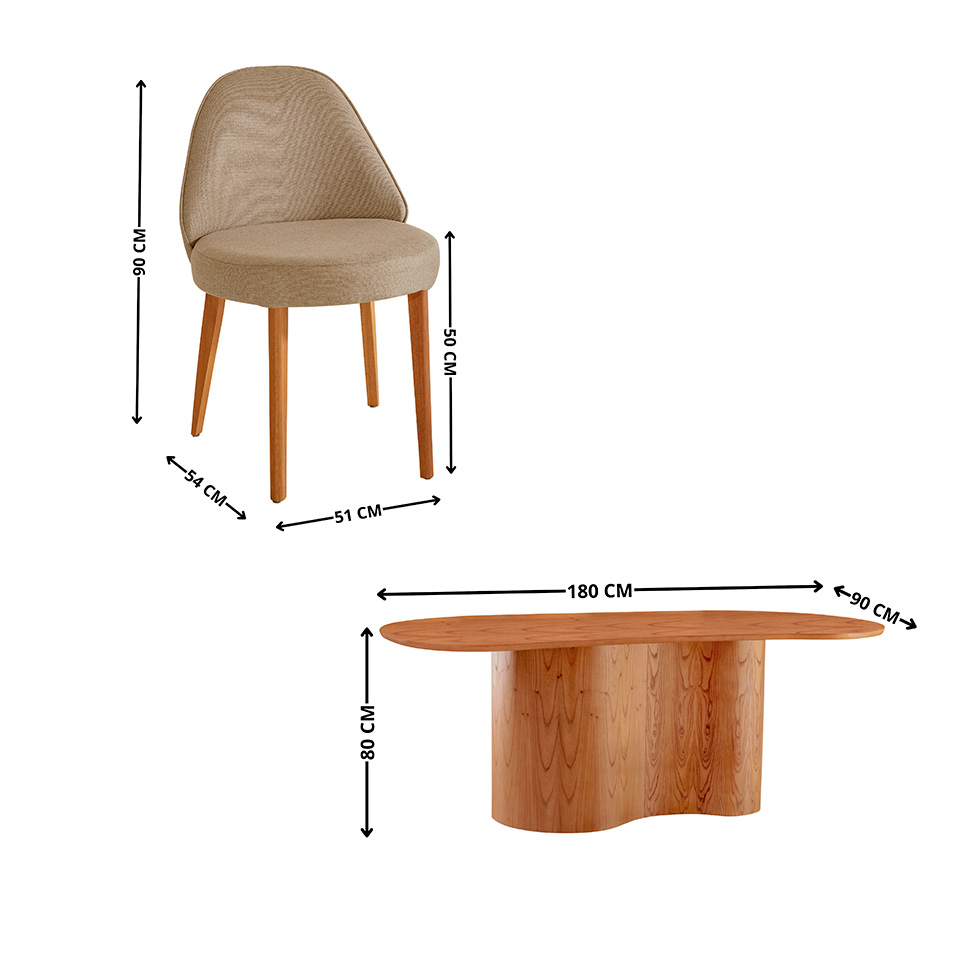 Mesa de Jantar Orgânica com Tampo Laminado e 6 Cadeiras Floripa Linho Âmbar e Imbuia Natural