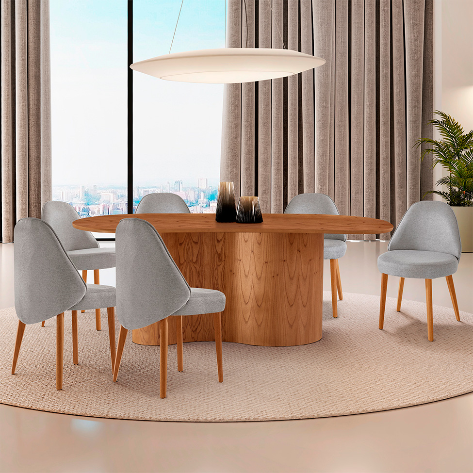 Mesa de Jantar Orgânica com Tampo Laminado e 6 Cadeiras Floripa Linho Cinza Claro e Imbuia Natural