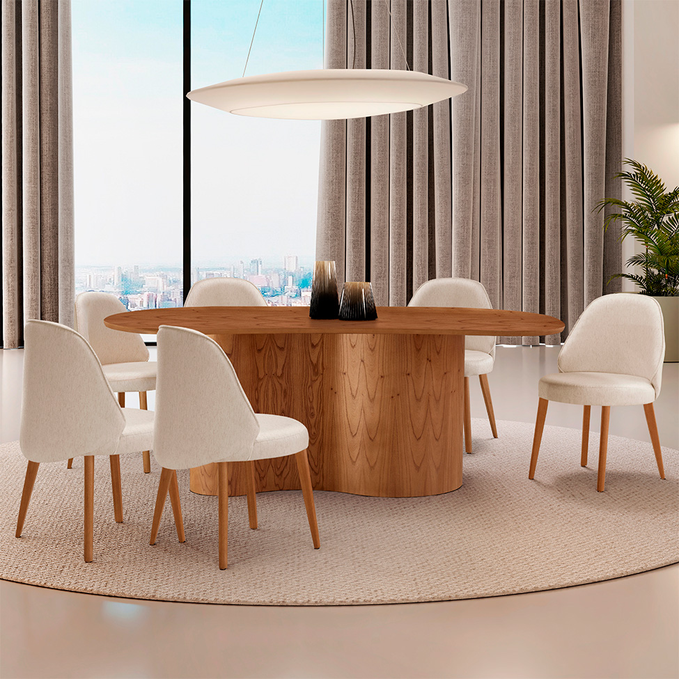 Mesa de Jantar Orgânica com Tampo Laminado e 6 Cadeiras Floripa Linho Off White e Imbuia Natural