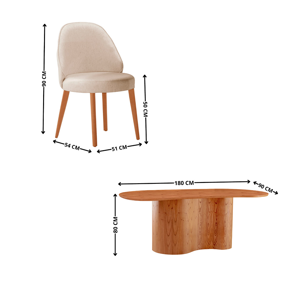 Mesa de Jantar Orgânica com Tampo Laminado e 6 Cadeiras Floripa Linho Off White e Imbuia Natural