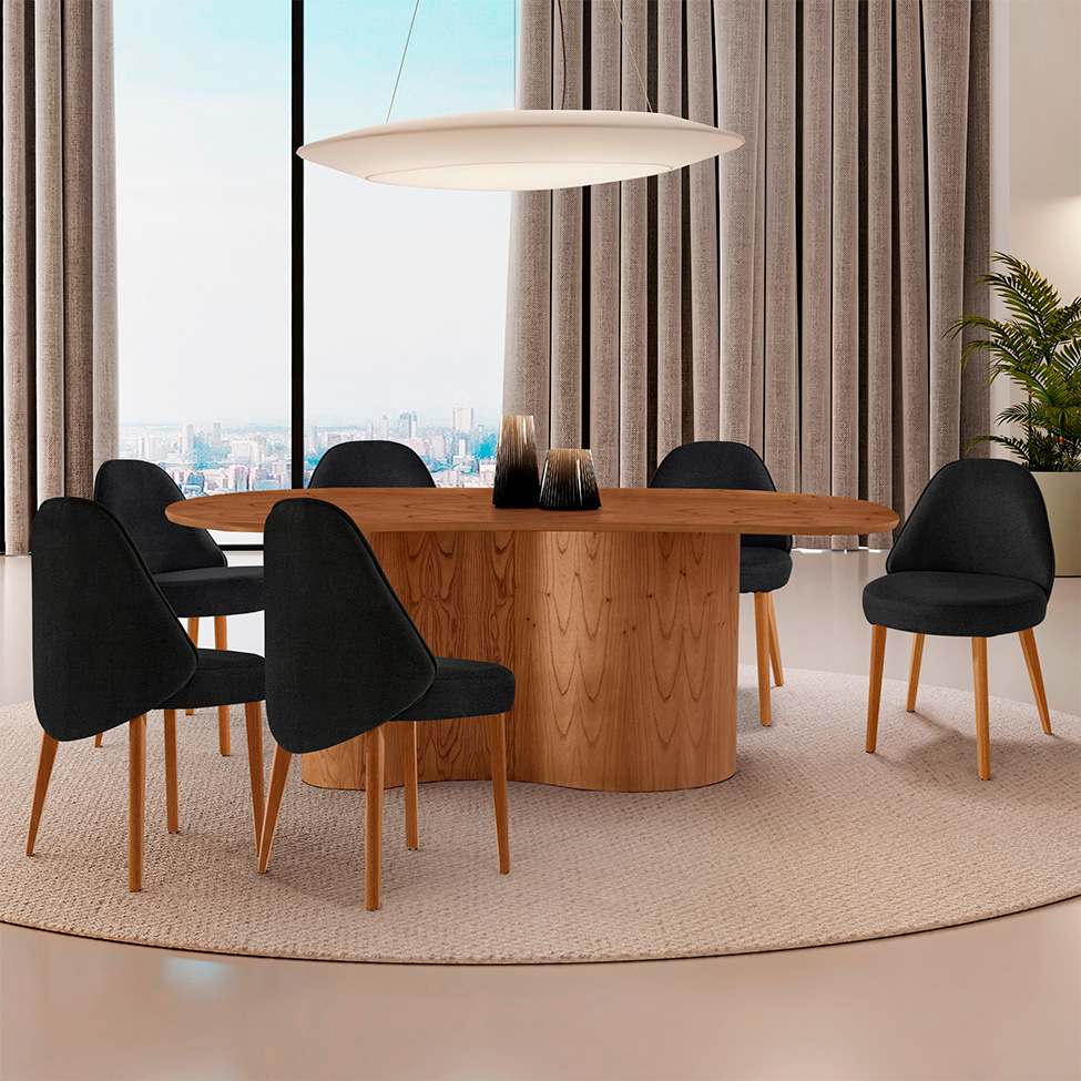 Mesa de Jantar Orgânica com Tampo Laminado e 6 Cadeiras Floripa Linho Preto e Imbuia Natural