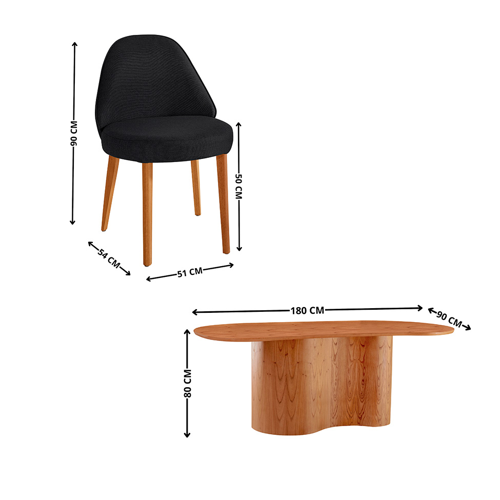 Mesa de Jantar Orgânica com Tampo Laminado e 6 Cadeiras Floripa Linho Preto e Imbuia Natural