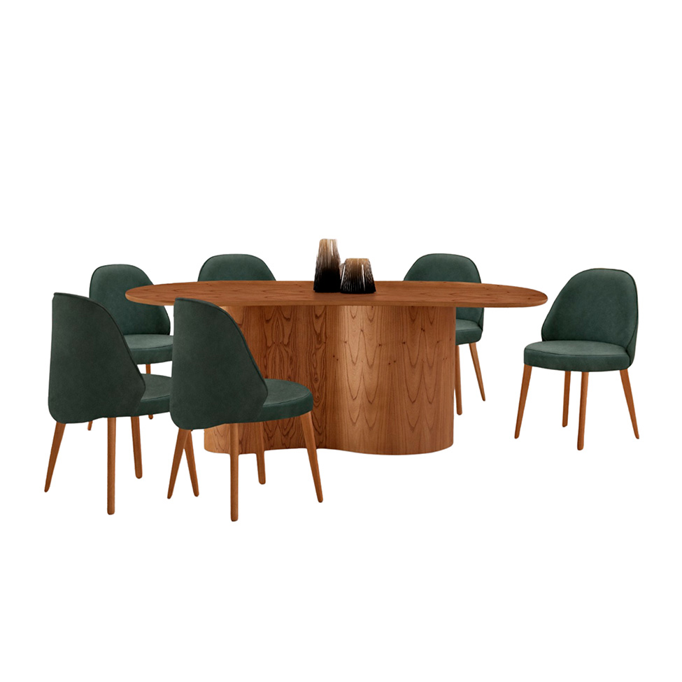 Mesa de Jantar Orgânica com Tampo Laminado e 6 Cadeiras Floripa Veludo Jade e Imbuia Natural