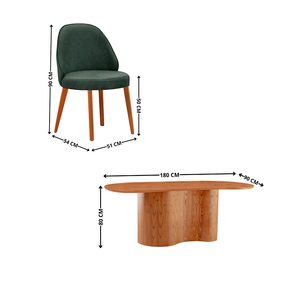 Mesa de Jantar Orgânica com Tampo Laminado e 6 Cadeiras Floripa Veludo Jade e Imbuia Natural