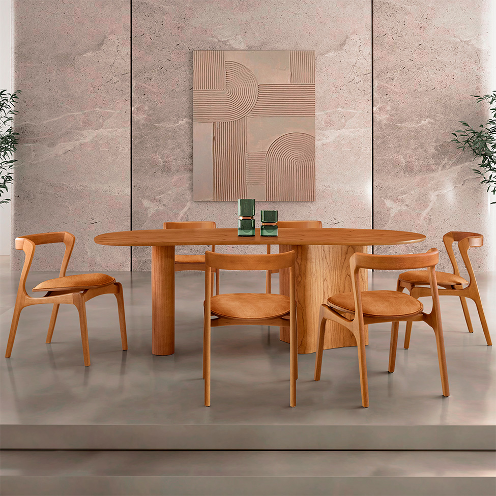 Mesa de Jantar Orgânica com Tampo Laminado e 6 Cadeiras Savana Corino Star Caramelo e Imbuia Natural
