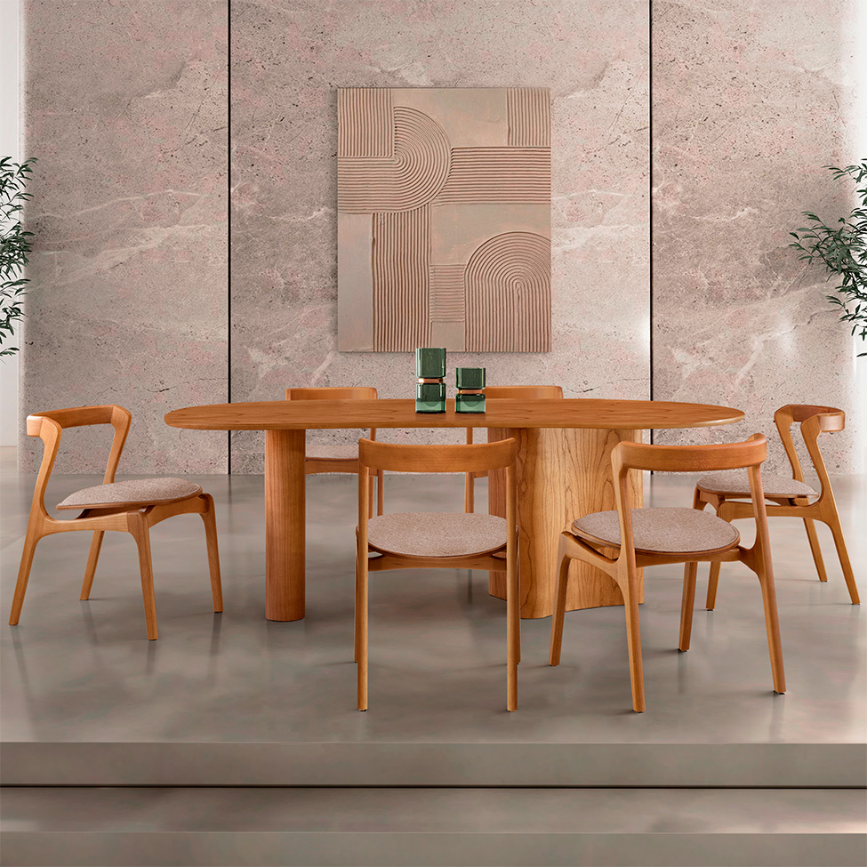Mesa de Jantar Orgânica com Tampo Laminado e 6 Cadeiras Savana Linho Bege e Imbuia Natural