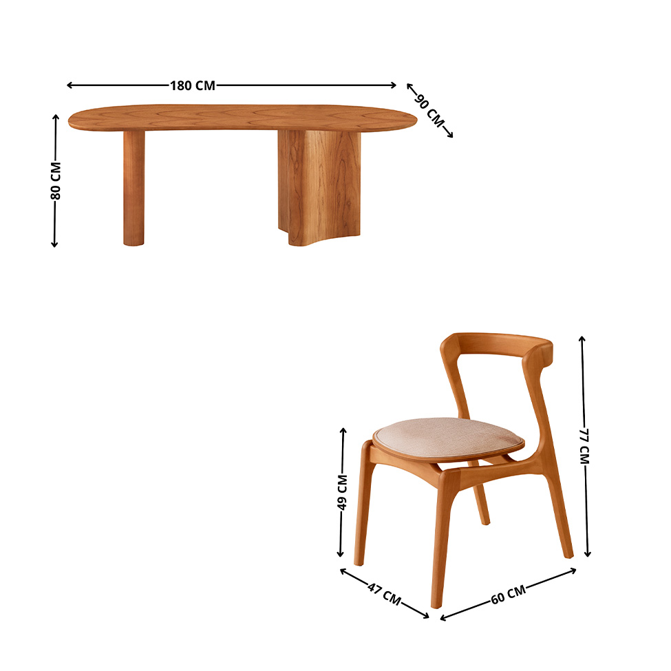 Mesa de Jantar Orgânica com Tampo Laminado e 6 Cadeiras Savana Linho Bege e Imbuia Natural
