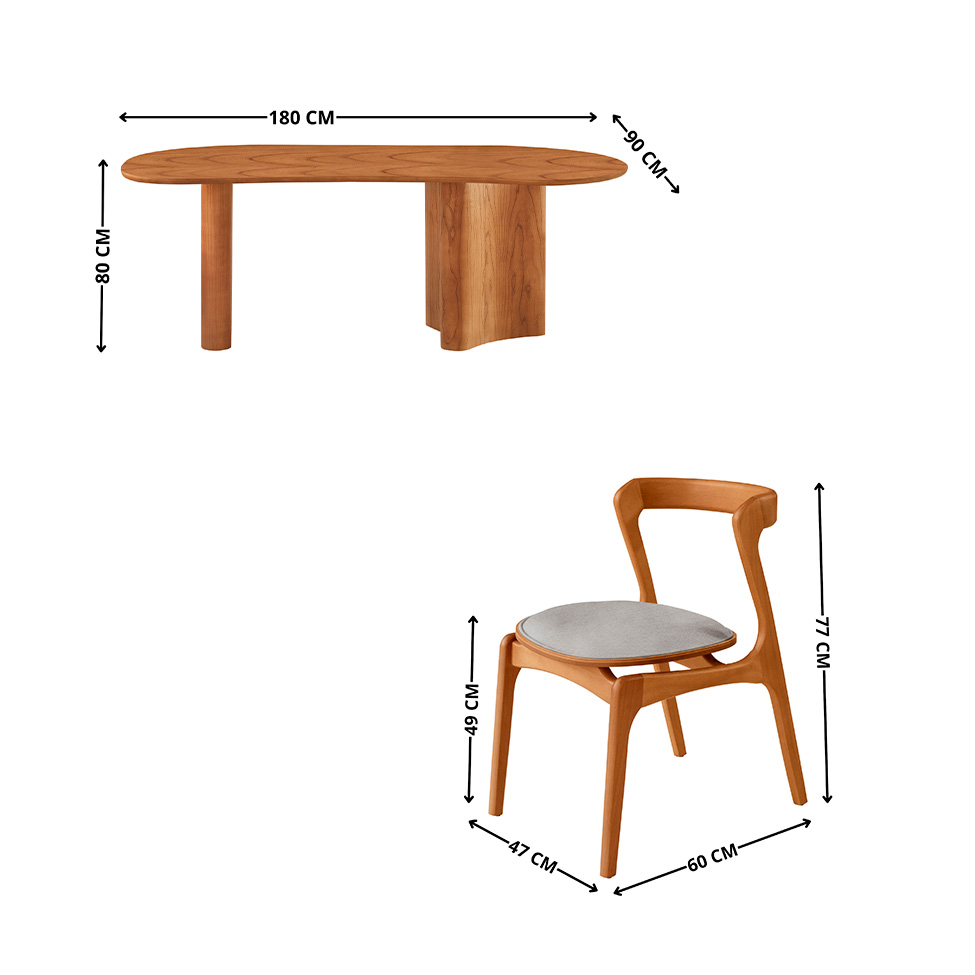 Mesa de Jantar Orgânica com Tampo Laminado e 6 Cadeiras Savana Linho Cinza Claro e Imbuia Natural