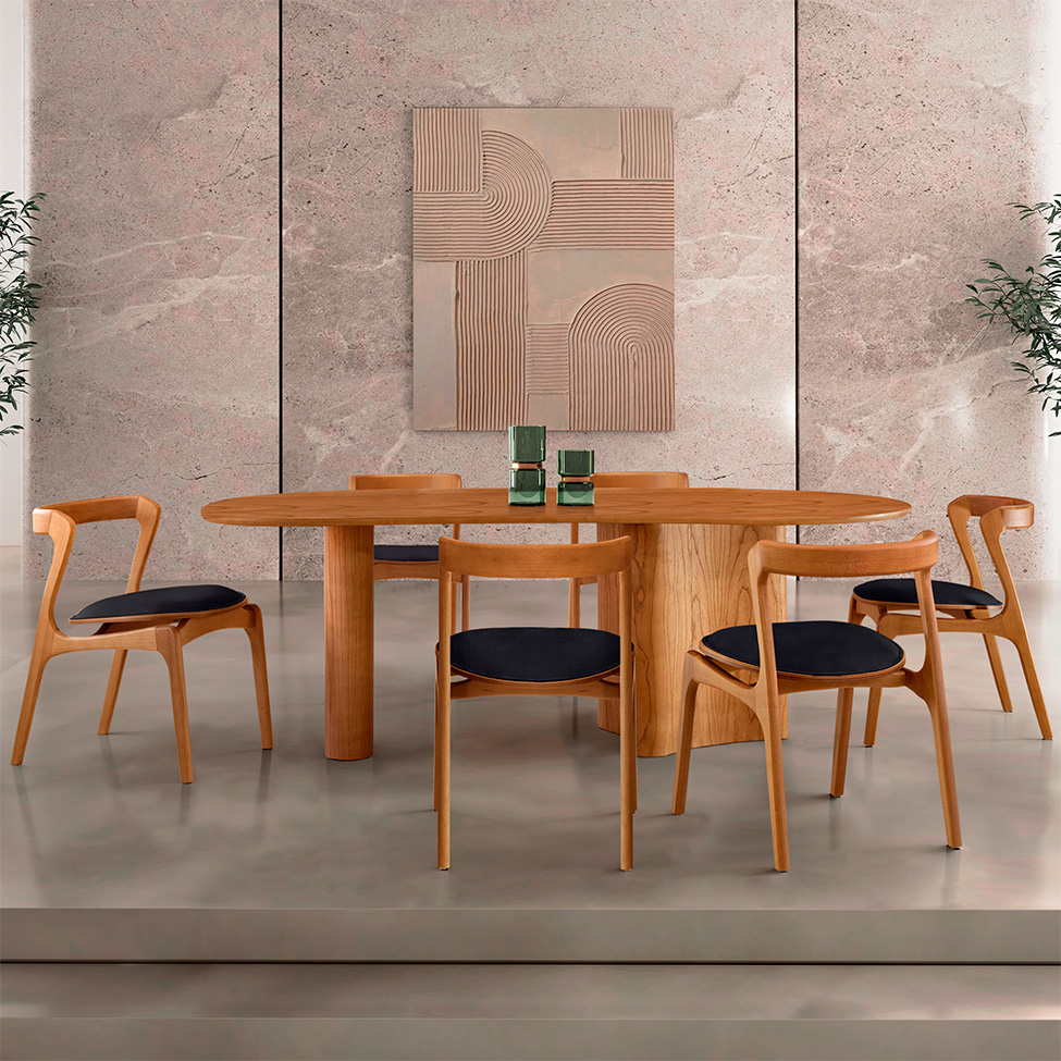Mesa de Jantar Orgânica com Tampo Laminado e 6 Cadeiras Savana Linho Preto e Imbuia Natural