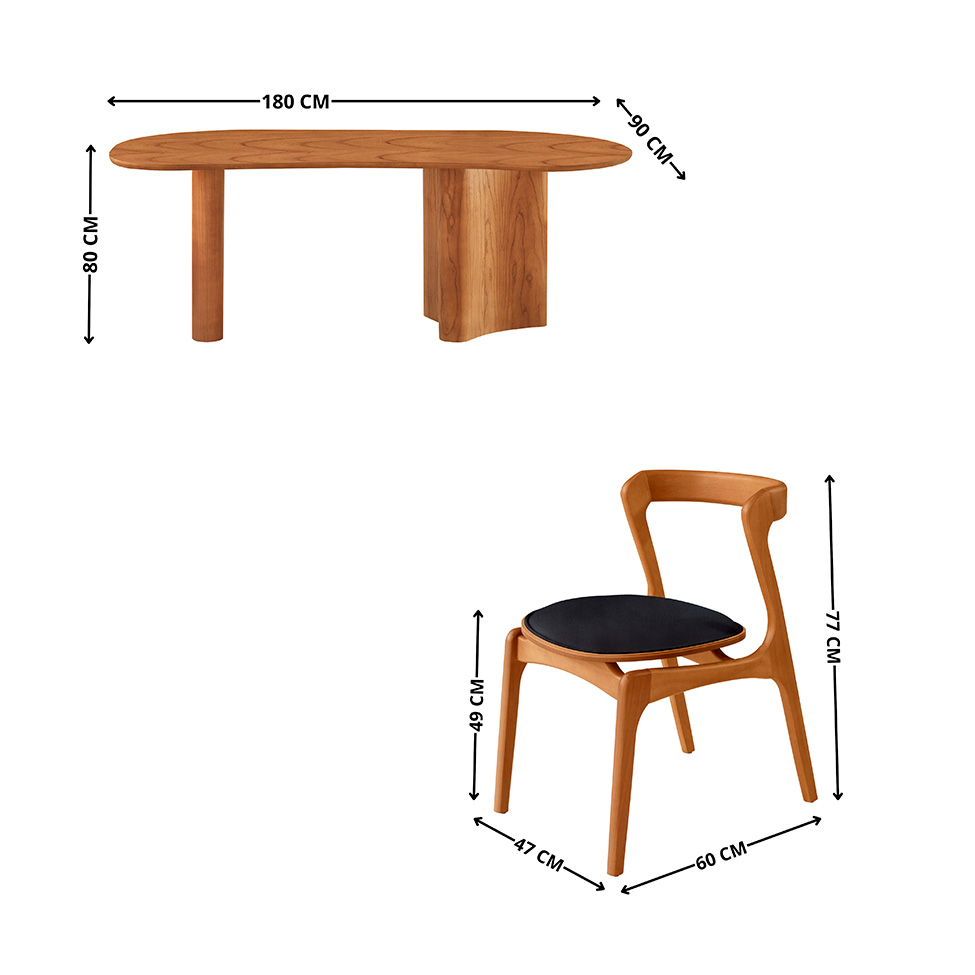 Mesa de Jantar Orgânica com Tampo Laminado e 6 Cadeiras Savana Linho Preto e Imbuia Natural