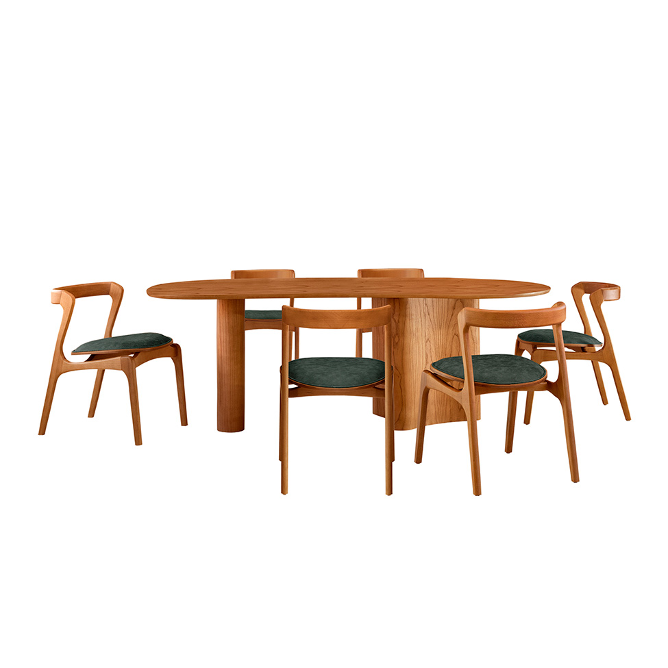 Mesa de Jantar Orgânica com Tampo Laminado e 6 Cadeiras Savana Veludo Jade e Imbuia Natural