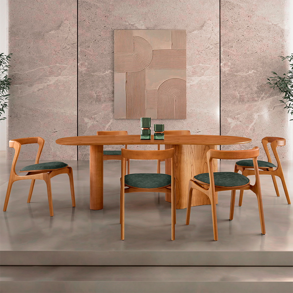 Mesa de Jantar Orgânica com Tampo Laminado e 6 Cadeiras Savana Veludo Jade e Imbuia Natural