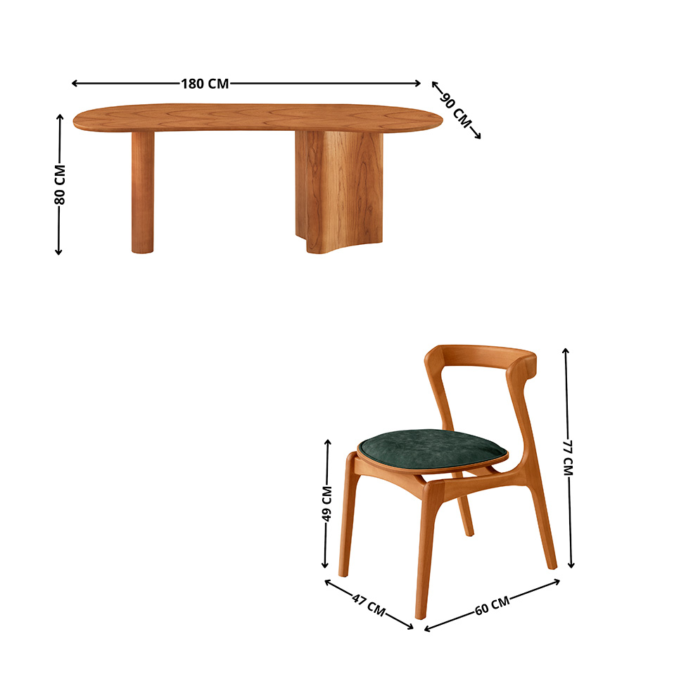 Mesa de Jantar Orgânica com Tampo Laminado e 6 Cadeiras Savana Veludo Jade e Imbuia Natural