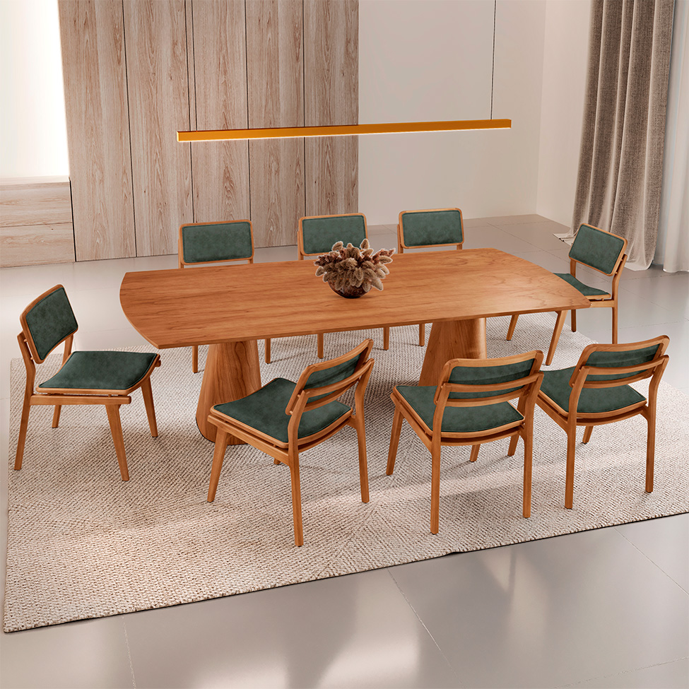 Mesa de Jantar Retangular Itália com Tampo Laminado e 8 Cadeiras Lea Corino Jade e Imbuia Natural