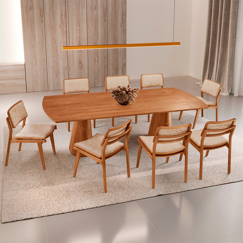 Mesa de Jantar Retangular Itália com Tampo Laminado e 8 Cadeiras Lea Corino Milano e Imbuia Natural