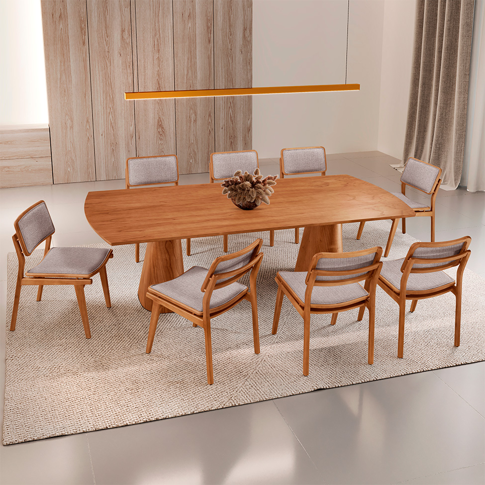 Mesa de Jantar Retangular Itália com Tampo Laminado e 8 Cadeiras Lea Linho Bege e Imbuia Natural