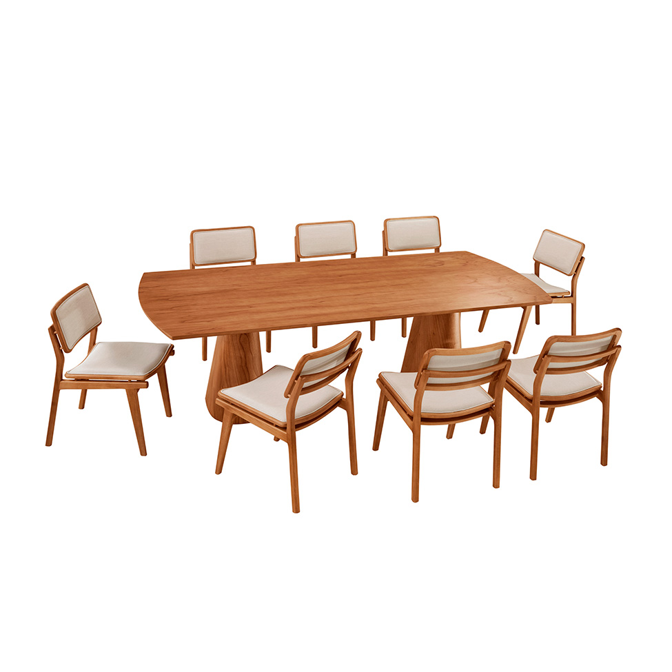 Mesa de Jantar Retangular Itália com Tampo Laminado e 8 Cadeiras Lea Linho Off White e Imbuia Natural
