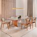 Mesa de Jantar Retangular Zeus com Tampo Vidro e 6 Cadeiras Lea Premium Linho Bege e Imbuia Natural