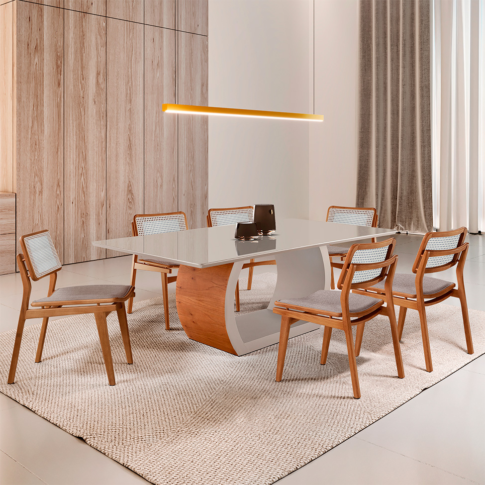 Mesa de Jantar Retangular Zeus com Tampo Vidro e 6 Cadeiras Lea Premium Linho Bege e Imbuia Natural