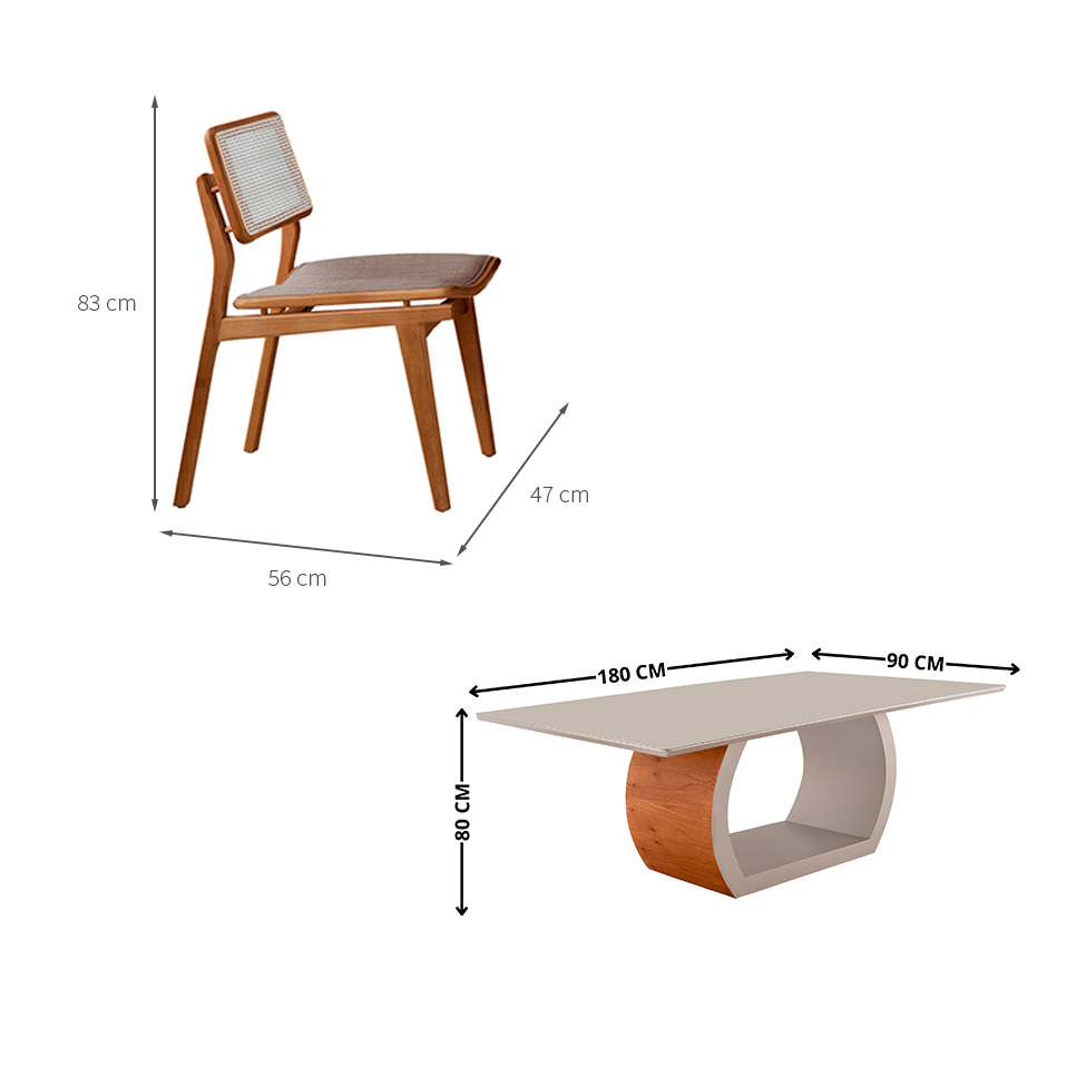 Mesa de Jantar Retangular Zeus com Tampo Vidro e 6 Cadeiras Lea Premium Linho Bege e Imbuia Natural