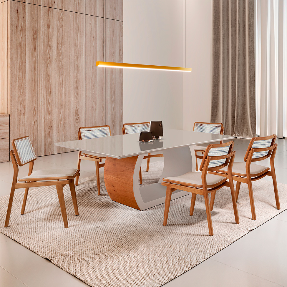 Mesa de Jantar Retangular Zeus com Tampo Vidro e 6 Cadeiras Lea Premium Linho Off White e Imbuia Natural
