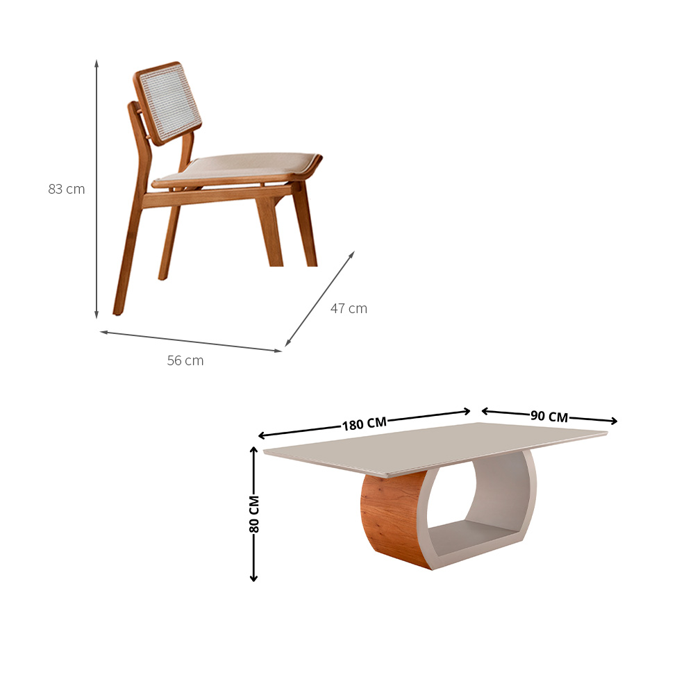 Mesa de Jantar Retangular Zeus com Tampo Vidro e 6 Cadeiras Lea Premium Linho Off White e Imbuia Natural