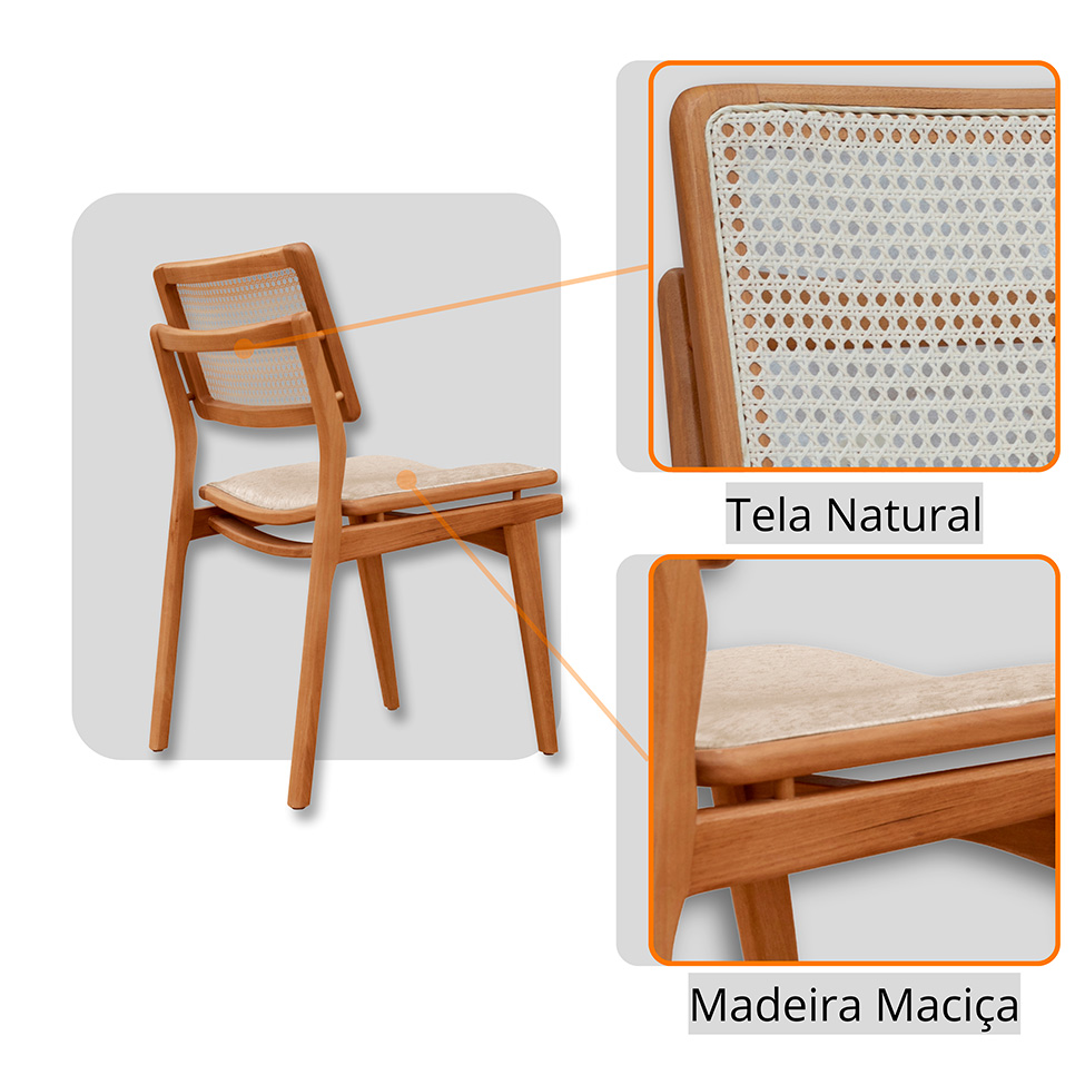 Mesa de Jantar Retangular Zeus com Tampo Vidro e 6 Cadeiras Lea Premium Linho Off White e Imbuia Natural