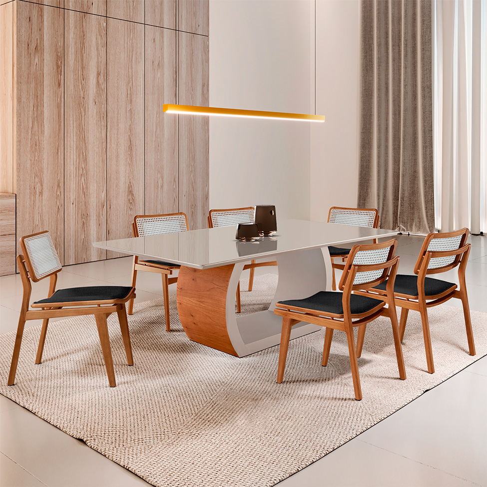 Mesa de Jantar Retangular Zeus com Tampo Vidro e 6 Cadeiras Lea Premium Linho Preto e Imbuia Natural