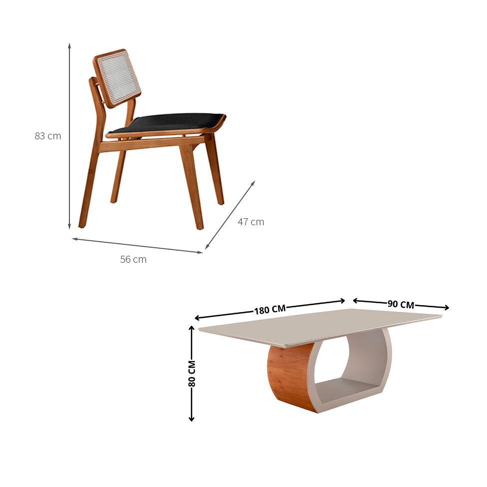 Mesa de Jantar Retangular Zeus com Tampo Vidro e 6 Cadeiras Lea Premium Linho Preto e Imbuia Natural