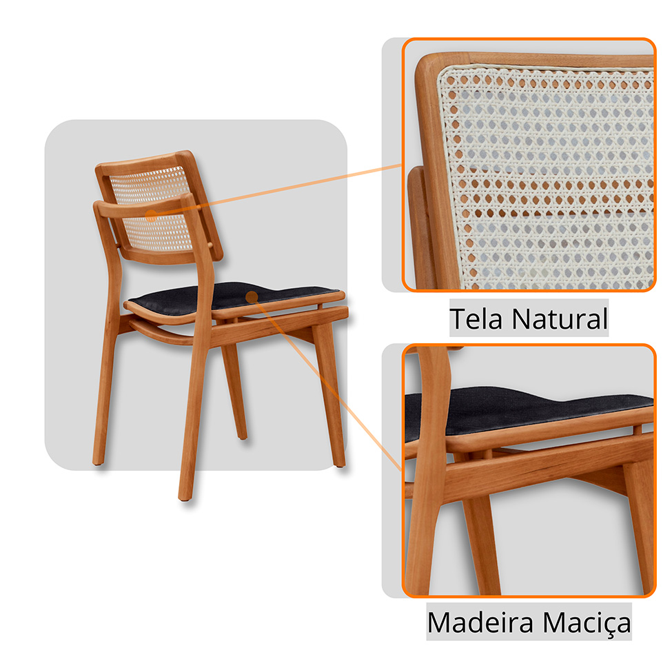 Mesa de Jantar Retangular Zeus com Tampo Vidro e 6 Cadeiras Lea Premium Linho Preto e Imbuia Natural