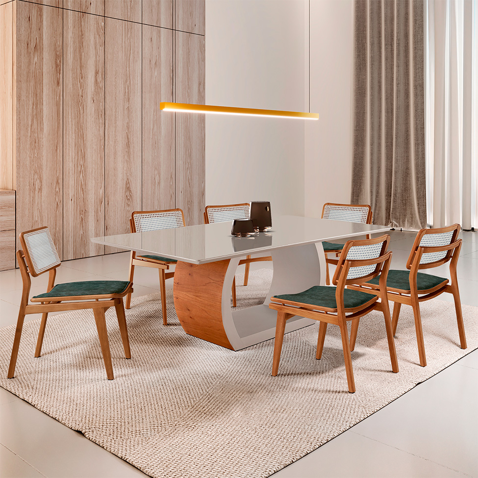 Mesa de Jantar Retangular Zeus com Tampo Vidro e 6 Cadeiras Lea Premium Veludo Jade e Imbuia Natural