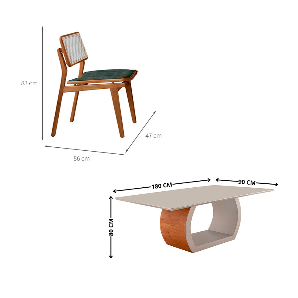 Mesa de Jantar Retangular Zeus com Tampo Vidro e 6 Cadeiras Lea Premium Veludo Jade e Imbuia Natural