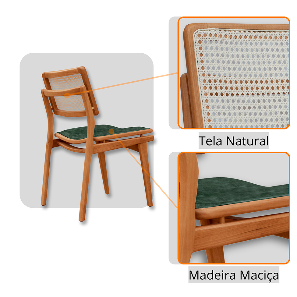 Mesa de Jantar Retangular Zeus com Tampo Vidro e 6 Cadeiras Lea Premium Veludo Jade e Imbuia Natural