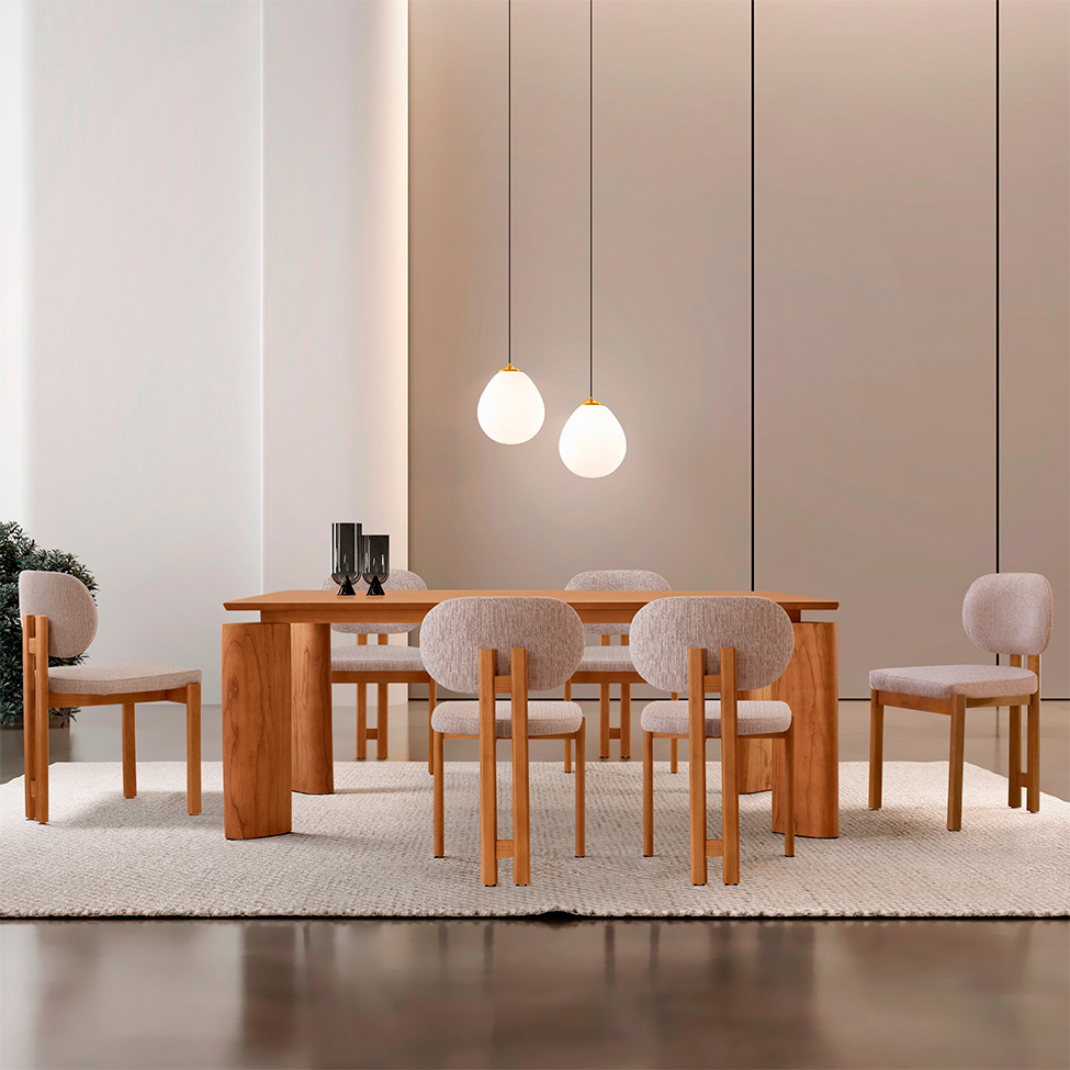 Mesa de Jantar Retangular com Tampo Laminado e 6 Cadeiras Aimê Linho Bege e Imbuia Natural