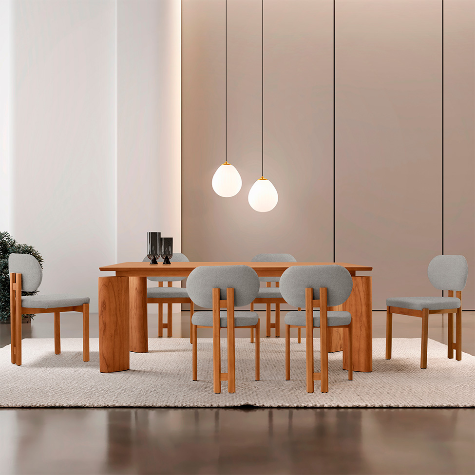 Mesa de Jantar Retangular com Tampo Laminado e 6 Cadeiras Aimê Linho Cinza Claro e Imbuia Natural